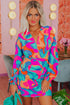 Multi-Color Abstract Print Wrap V Neck Puff Sleeve Dress